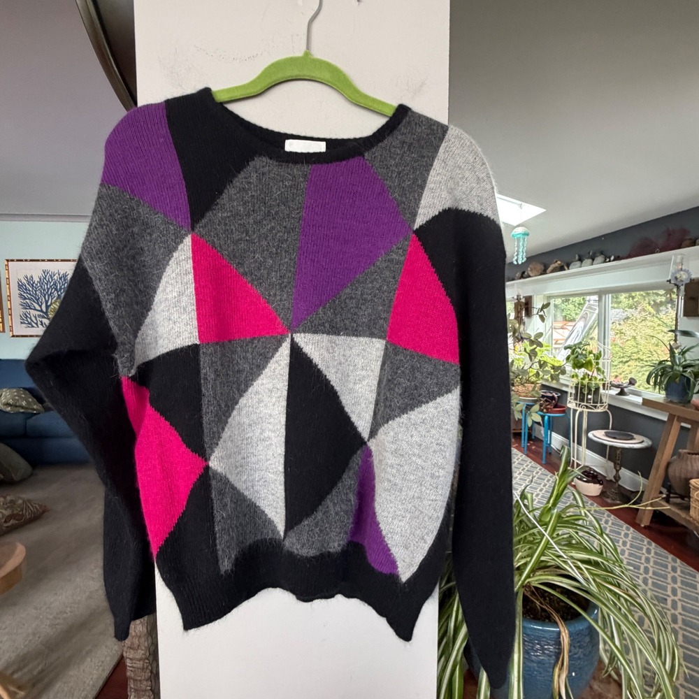 Distinction Sweater Womens L Black Multi Geometric Angora Wool Vintage Retro 80s
